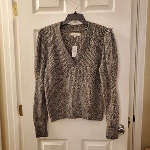 Loft sz L chunky knit sweater NWT slouchy slvs v-neck blkwht casual cozy classic